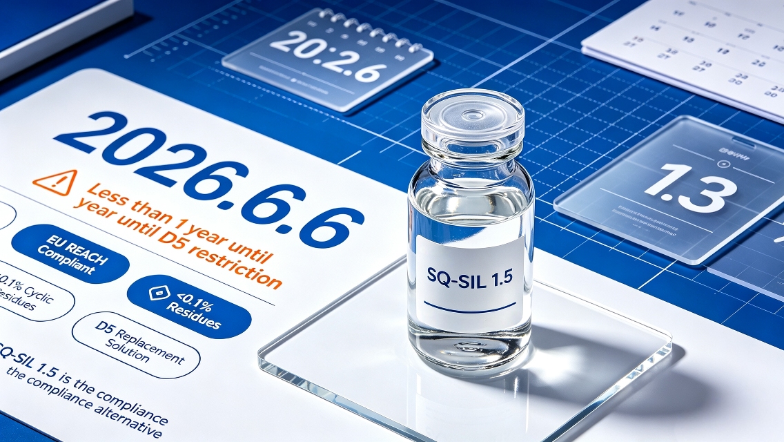 SQ-SIL 1.5(디메티콘 1.5cst) – <0.1% 순환 잔류물을 함유한 저점도 D5 대체품, EU 준수, 가벼운 피부 느낌